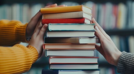 Hands arranging books for a collaborative study session, fostering teamwork in education, enhancing learning through shared resources and joint effort.