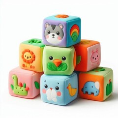 Kid toys: Multicolored soft cubes featuring animals, plants, and various objects, presented on a white background. AI generated.