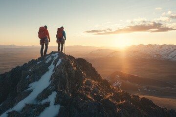 Fototapeta premium Adventure at Sunset: Climbers on Mountain Peak