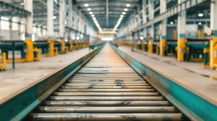 Fototapeta premium Abandoned Factory Conveyor Belts, an industrial scene of desolation, dust settles on unused machinery, silence reigns in a space once bustling with activity.
