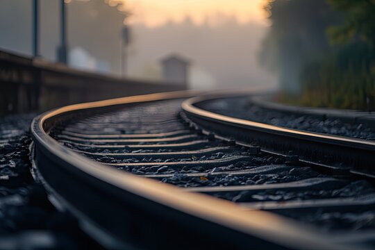 A train track is winding its way through a fogladen forest