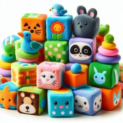 Kid toys: Multicolored soft cubes featuring animals, plants, and various objects, presented on a white background. AI generated.