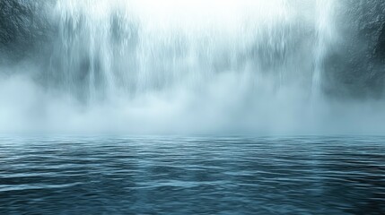 A misty waterfall cascades into a tranquil body of water, creating a serene and ethereal scene.