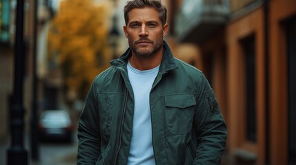 A strong man stands confidently in a green jacket on a city street.