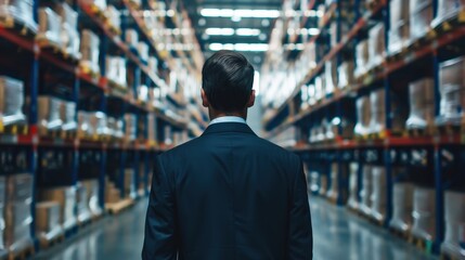 High-tech warehouse management scene, silhouette of a manager overseeing cargo storage, illuminated ambiance, expansive view with ample copy space for text.