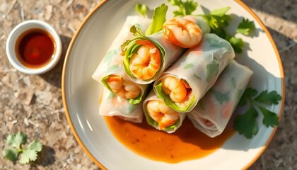 Fresh shrimp spring rolls with dipping sauce on a rustic table