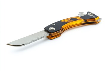 A yellow and black pocket knife with a sharp blade.