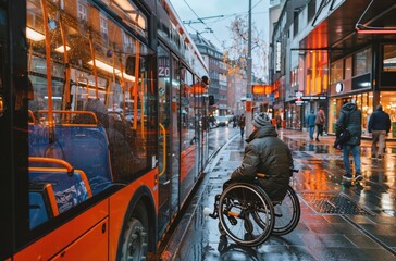 Naklejka premium Person in wheelchair waiting at a bus stop on a rainy evening, next to an orange city bus, with wet reflective streets and glowing store lights in the background