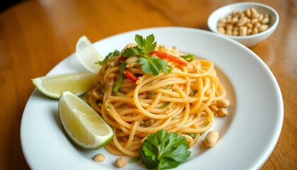 Delicious spaghetti with fresh vegetables and peanuts served on a plate, garnished with lime wedges