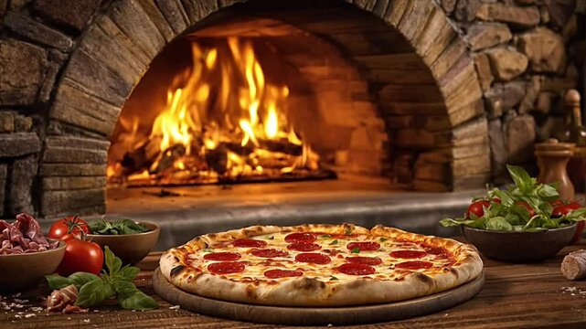 Traditional Italian salami pizza baking in wood fired brick oven. Rustic culinary scene with fresh ingredients like basil and tomatoes on wooden table. 4K slow motion video