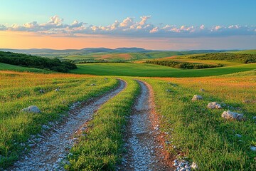 Obraz premium Tranquil countryside dirt road at sunset with lush green fields and rolling hills