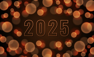 2025 New Year festive banner with bokeh effect. New Year 2025 holiday background. Bright bokeh lights. Golden orange color. Vector illustration.