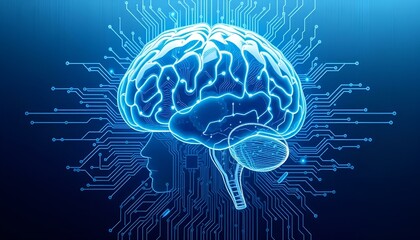 Fototapeta premium Digital brain with circuit patterns, futuristic technology concept, blue neon colors