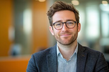 Portrait of a smiling businessman wearing glasses in a modern office setting.