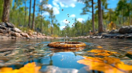 Fototapeta premium Water Droplets Splashing on Stone in Tranquil Forest Stream
