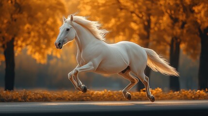 White horse running in autumn scenery	