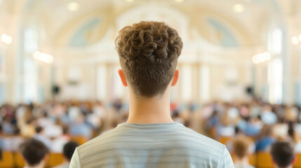University hall filled with eager students, an inspiring welcome speech marks the start of their academic journey, excitement and anticipation in the air, new beginnings ahead