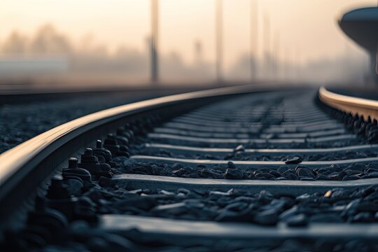 A train track is winding its way through a fogladen forest