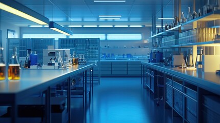 Fototapeta premium A modern, well-equipped laboratory with stainless steel countertops, glassware, and shelving.