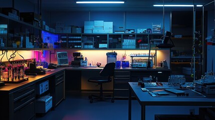 A modern, well-equipped laboratory with a desk, chairs, and shelves stocked with scientific equipment.