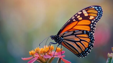 A monarch butterfly with orange and black wings perched on a pink flower with yellow pollen.