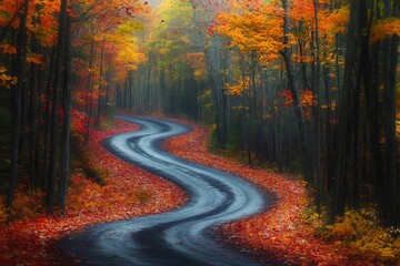 Fototapeta premium A winding road through vibrant autumn foliage in a misty forest during early morning hours. Generative AI