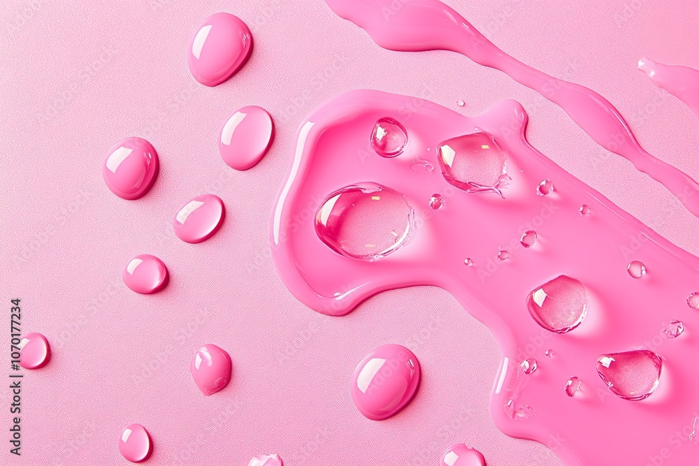 Poster pink liquid droplets spread across a soft surface creating a vibrant pattern of shapes and textures 