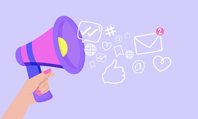 Megaphone with Social Media Icons and Notifications