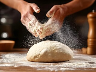 A person kneading bread dough on a floured wooden surface, with flour dusting the kitchen counter and hands in motion.