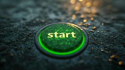 Green start button on dark background symbolizing beginning or initiation, start, push, beginning, initiation, launch