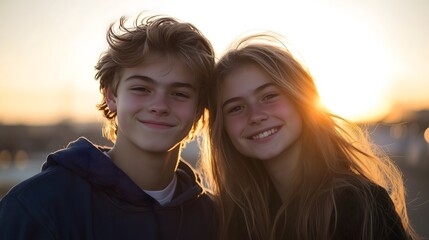 Obraz premium Smiling Teenage Boy and Girl Posing Together Outdoors at Sunset with Warm Backlighting, Copy Space