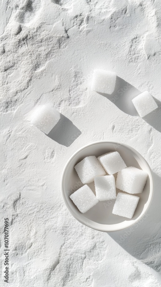 Poster elegant arrangement of sugar cubes in a bowl on a pristine white tabletop, capturing simplicity and 
