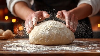 Obraz premium A person kneading bread dough on a floured wooden surface, with flour dusting the kitchen counter and hands in motion.