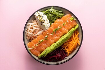 A fresh and vibrant poke bowl with salmon, creamy avocado, crisp green beans, and a mix of other colorful ingredients, offering a balanced, flavor-packed meal.