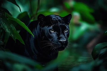 Gordijnen Black panther crouched near jungle stream  © Edifi 4