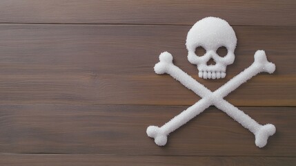 A creative depiction of a skull and crossbones made from sugar on a dark wooden surface, symbolizing the need for reduced salt in a healthy diet - Powered by Adobe