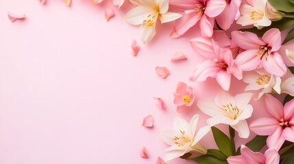 Delicate pink spring blossoms and scattered petals arranged along border against soft pastel pink background creating romantic floral composition, copy space