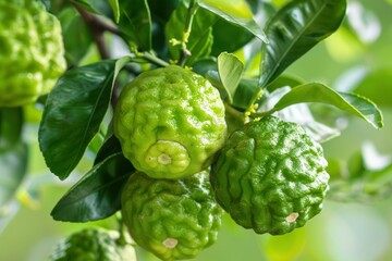 Fototapeta premium Closeup of bergamot fruit growing on tree in garden