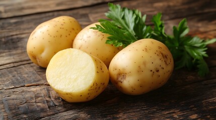 Fresh raw yellow potatoes with one cut in half and green parsley leaves on rustic wooden table background, copy space