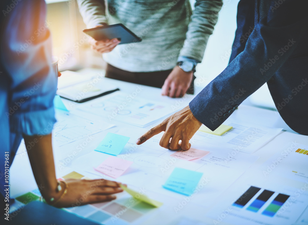Poster hands, group discussion and business people with documents for strategy, meeting or pointing. team, 