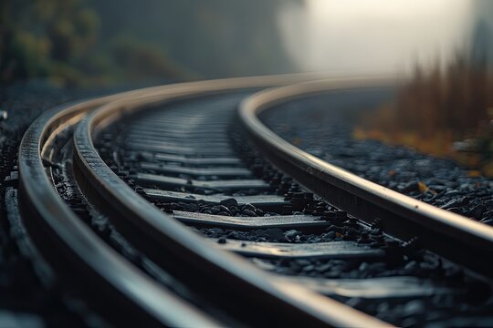 A train track is winding its way through a fogladen forest