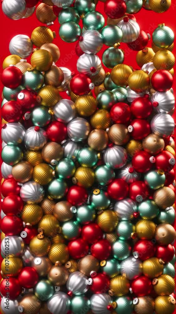 Poster merry christmas looping animation for social media video with tree balls falling and filling the scr
