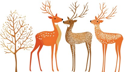 Three Spotted Deer with Antlers and a Bare Tree Branch