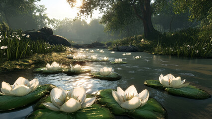 Petals drift gently on a peaceful stream, illuminated by soft sunlight