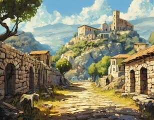 Fototapeta premium ゲーム背景 ファンタジーゲーム始まりの街古代文明風異世界の街