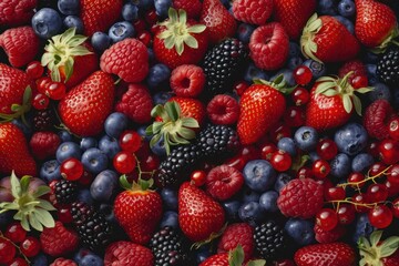 Freshly picked strawberries, blueberries, blackberries and raspberries making delicious background