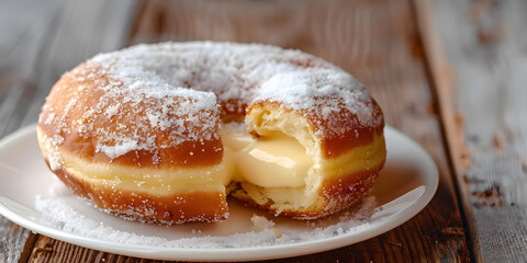 Classic cream-filled donut with granulated sugar on a white plate and rustic table for dessert