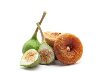 Close-up of organic, ripe, and raw green figs (Ficus carica or Anjeer) isolated on a white background, front view.