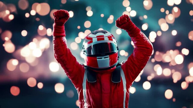 Silhouette of race car driver celebrating victory in the race against bright stadium lights and falling confetti. 