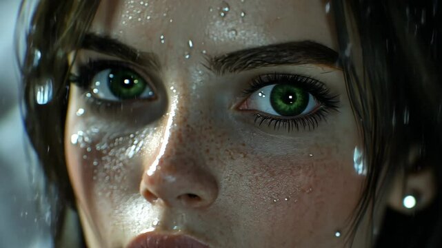 A woman's face is covered in raindrops, her eyes looking upwards as she stands in the rain